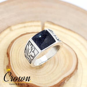 Blue Goldstone Men&#39;s Ring, Silver Men&#39;s Ring, Square Cut Men&#39;s Ring, Leaf Design Mens Ring, 925 Sterling Silver Men&#39;s Ring, Mens Signet Ring