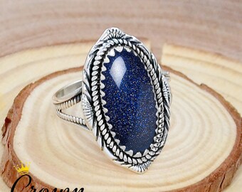 Blue Sandstone Ring: Handmade 925 Sterling Silver Filigree Gemstone
