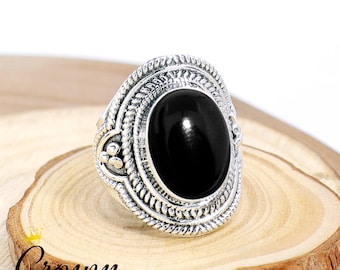 Black Onyx Filigree Statement Ring: 925 Sterling Silver Handmade Jewelry