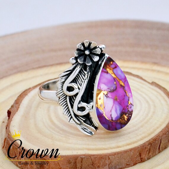 Navajo Purple Copper Turquoise Ring, Sterling Silver Flower Leaf