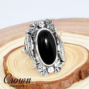 Black Onyx Floral 925 Sterling Silver Statement Ring