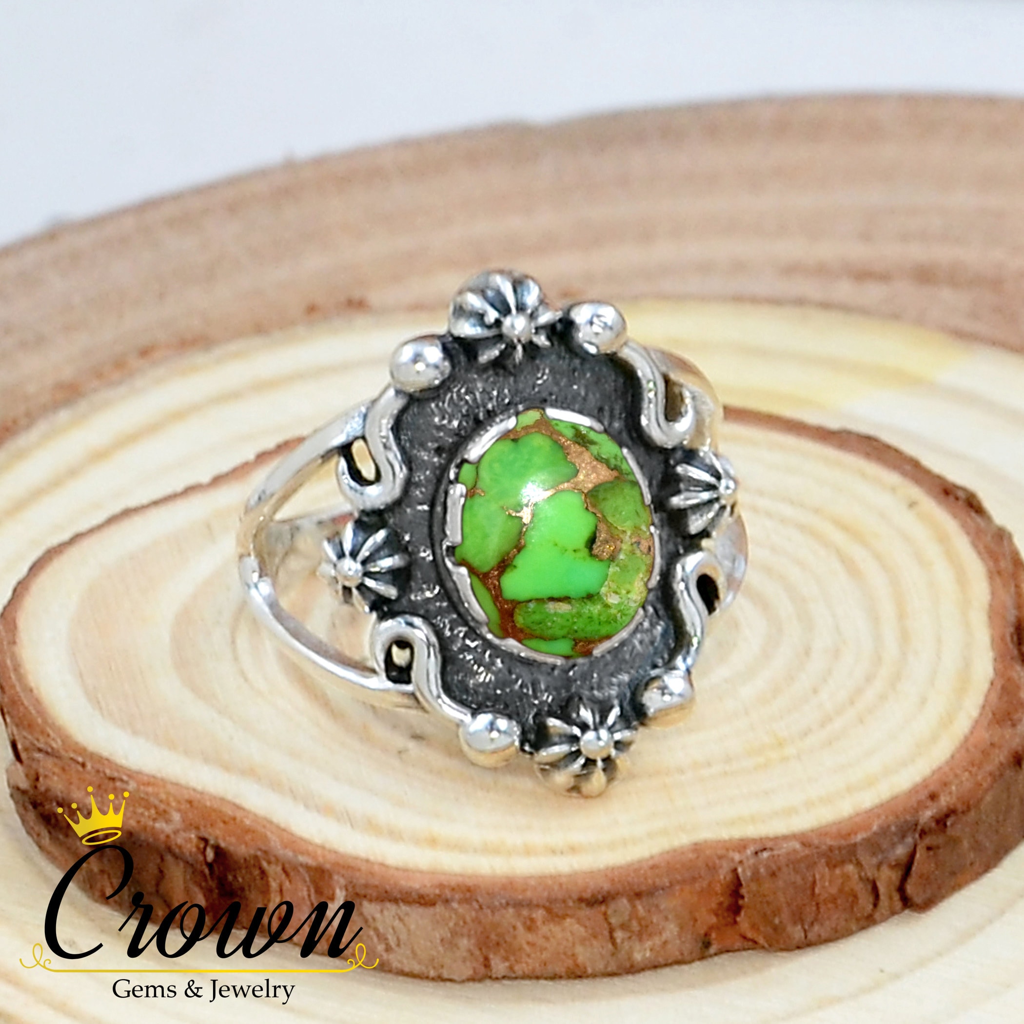 グリーンコッパーターコイズスターリングシルバーリング：ボヘミアン