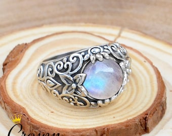 Rainbow Moonstone Ring: Sterling Silver Lotus Flower Band