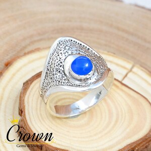 Blue Chalcedony Sterling Silver Ring: Hammered Texture, Bohemian Style