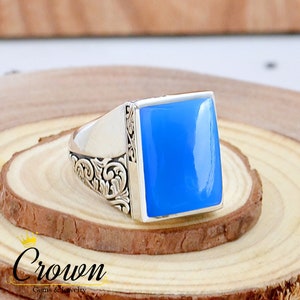 Blue Chalcedony Signet Ring: Sterling Silver Turkish Design