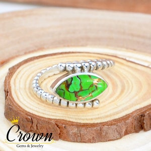 Green Copper Turquoise Ring: Marquise Sterling Silver Beaded Band