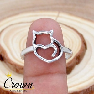 Handmade Sterling Silver Kitty Cat Heart Ring - Gift for Cat Lover