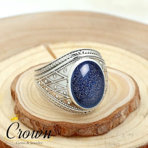 Blue Goldstone Mens Ring, Stylish Men Ring, Men Wedding Ring, 925 Sterling Silver Ring, Gift for Him, Father&#39;s Day Gift, Men Engagement Ring