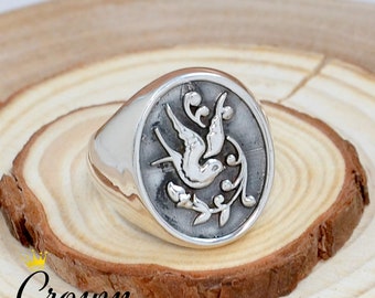 Swallow Bird Signet Ring: Tattoo Style 925 Sterling Silver