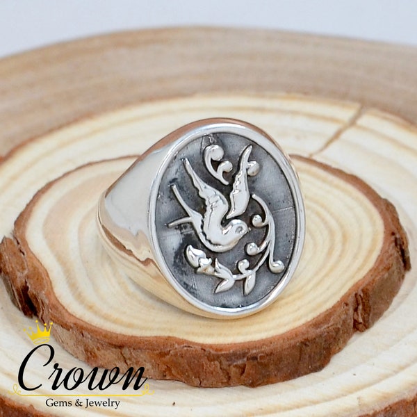 Bague oiseau hirondelle, bague hirondelle, branche avec bague oiseau, bague feuille, bague fleur, chevalière, bague en argent sterling 925, bague de style tatouage