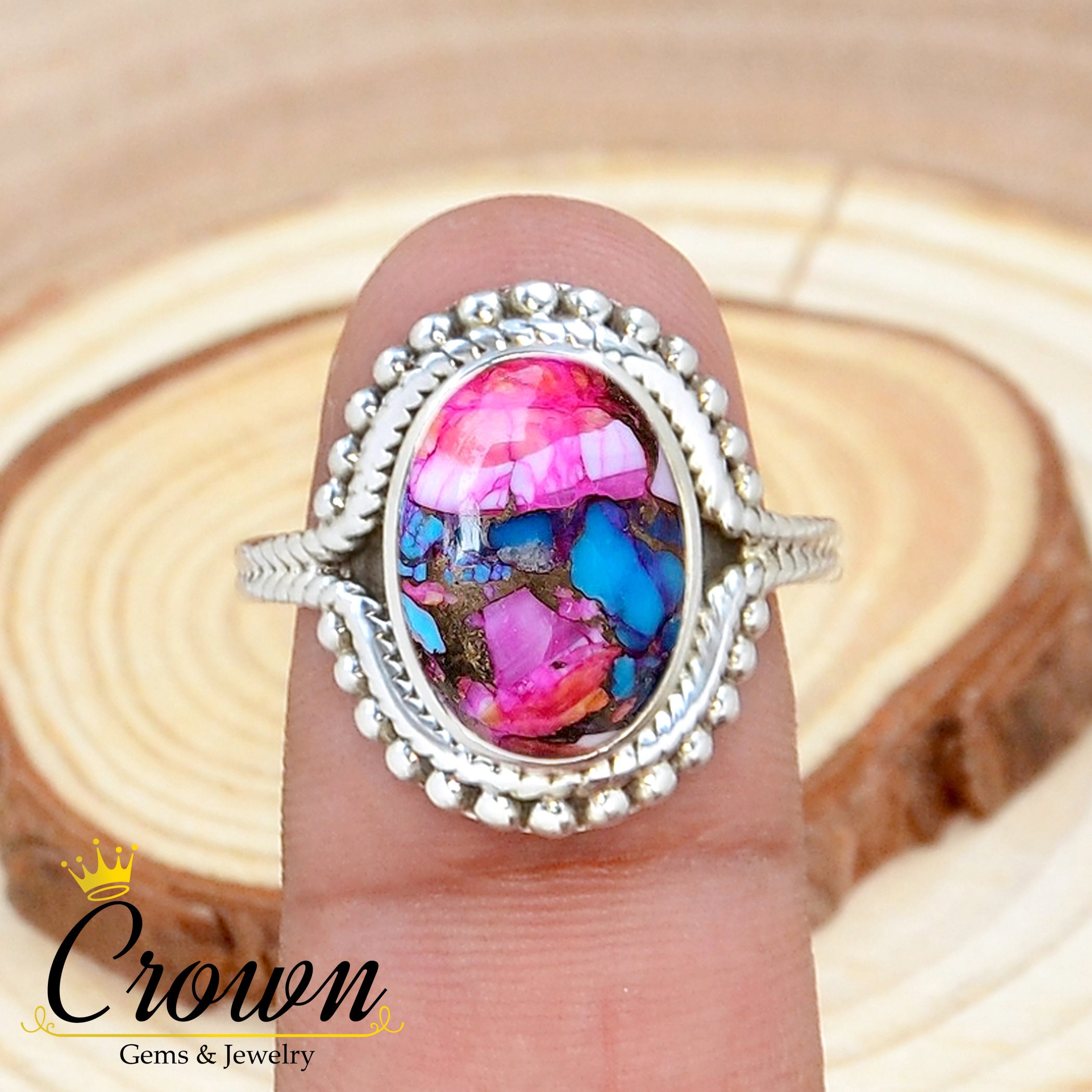 Kingman Pink Dahlia Turquoise Ring: Oval Stone 925 Sterling Silver