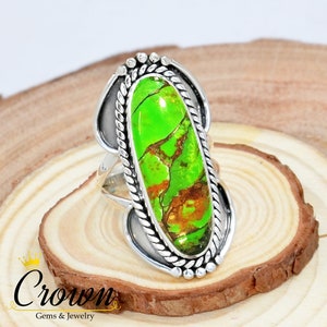 Green Copper Turquoise Ring: Filigree 925 Sterling Silver Long Finger Ring