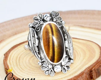 Handmade Tiger Eye 925 Sterling Silver Floral Statement Ring