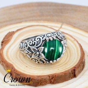 Malachite Lotus Ring: Sterling Silver Floral Band