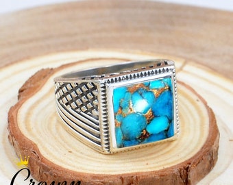 Anello da uomo in argento sterling 925 con turchese blu rame fatto a mano - Italia Anello da uomo in argento sterling 925 con turchese blu rame fatto a mano - Italia