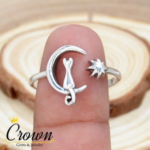 Handmade Sterling Silver Cat Moon and Star Ring: Pet Lover Jewelry