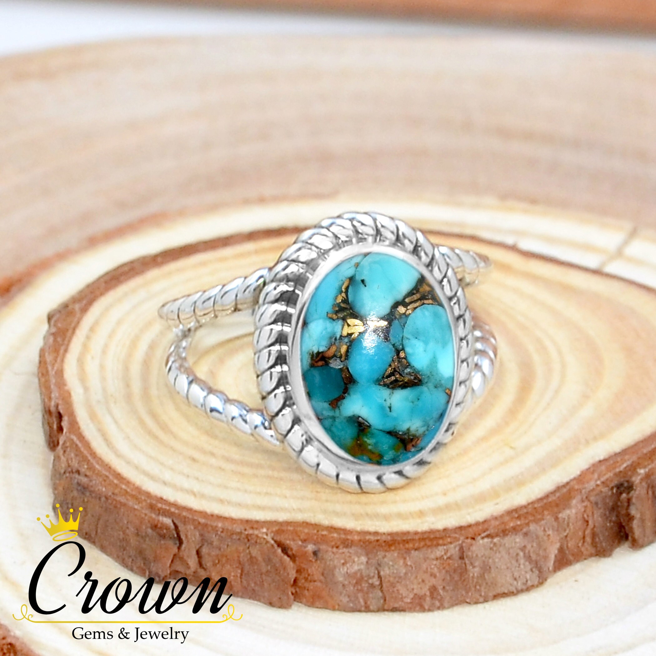 ブルーコッパーターコイズリング：ツイスト925スターリングシルバー