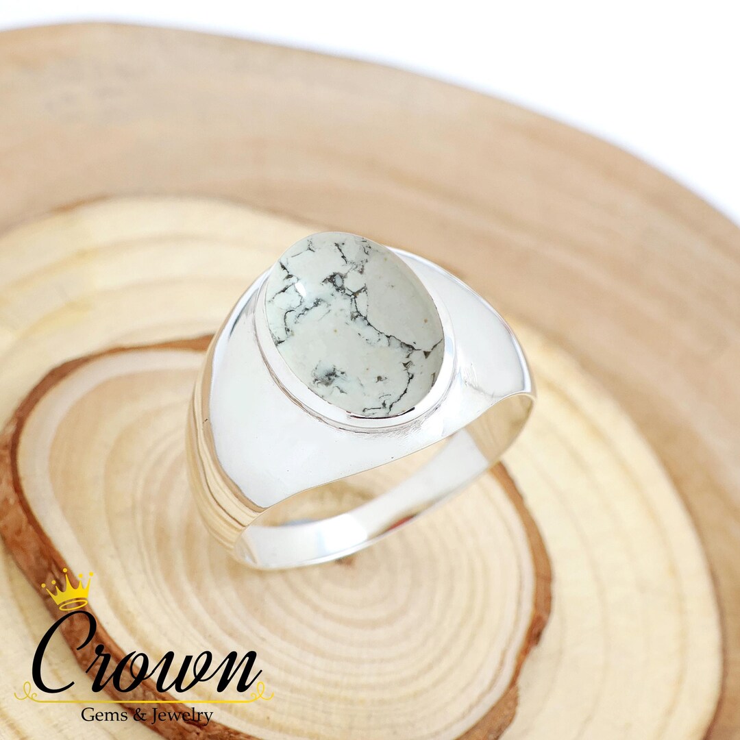 White Howlite Men's Ring: Oval Sterling Silver Wedding Band - Etsy