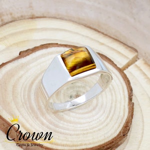 Tiger Eye Men&#39;s Ring: Handmade 925 Sterling Silver Square Signet