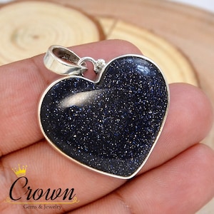 Blue Sandstone Heart Pendant: 925 Sterling Silver Statement Jewelry