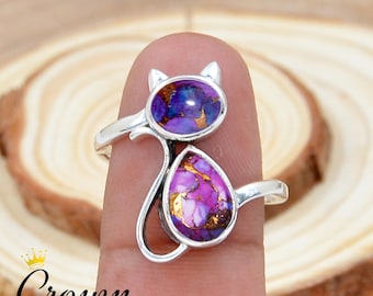 Cat Ring, Purple Copper Turquoise Cat Ring, 925 Sterling Silver Cat Ring, Designer Cat Ring, Animal Ring, Pet Ring, Rings for Pet Lover