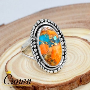 Oyster Copper Turquoise Ring, Spiny Oyster Turquoise Ring, 925 Sterling Silver Ring, Statement Ring, Filigree Ring, Boho and Hippie Jewelry
