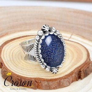 Blue Goldstone Ring: Sterling Silver Wide Band, Floral Bohemian Jewelry