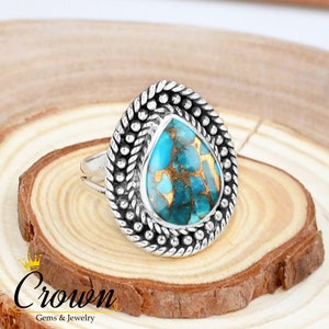 Blue Copper Turquoise Ring: Filigree 925 Sterling Silver, Handmade