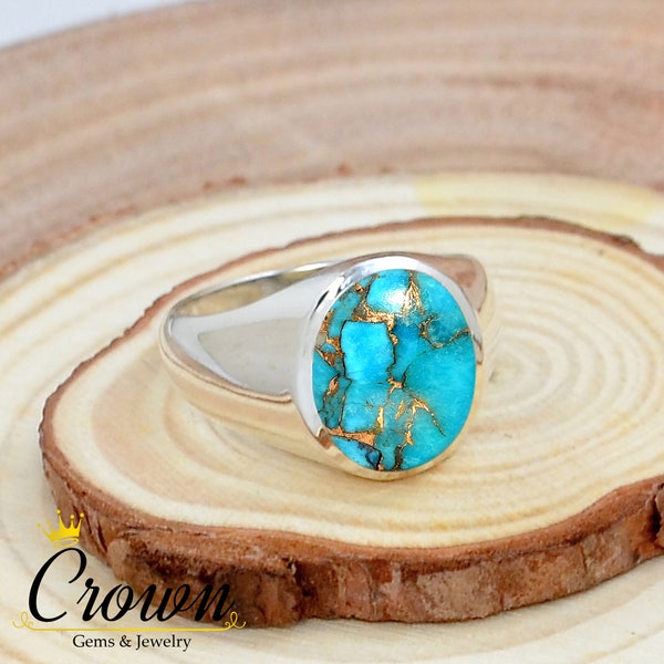 Blue Copper Turquoise Mens Ring, 925 Sterling Silver Ring, Silver Men's Ring, Stylish Mens Ring, Simple Mens Ring, Turquoise Ring, Boho Ring