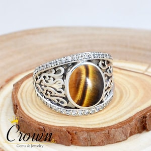 Tiger Eye CZ Sterling Silver Ring - Turkish Mens Ring