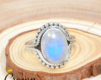 Handmade Rainbow Moonstone Ring: Bohemian 925 Sterling Silver