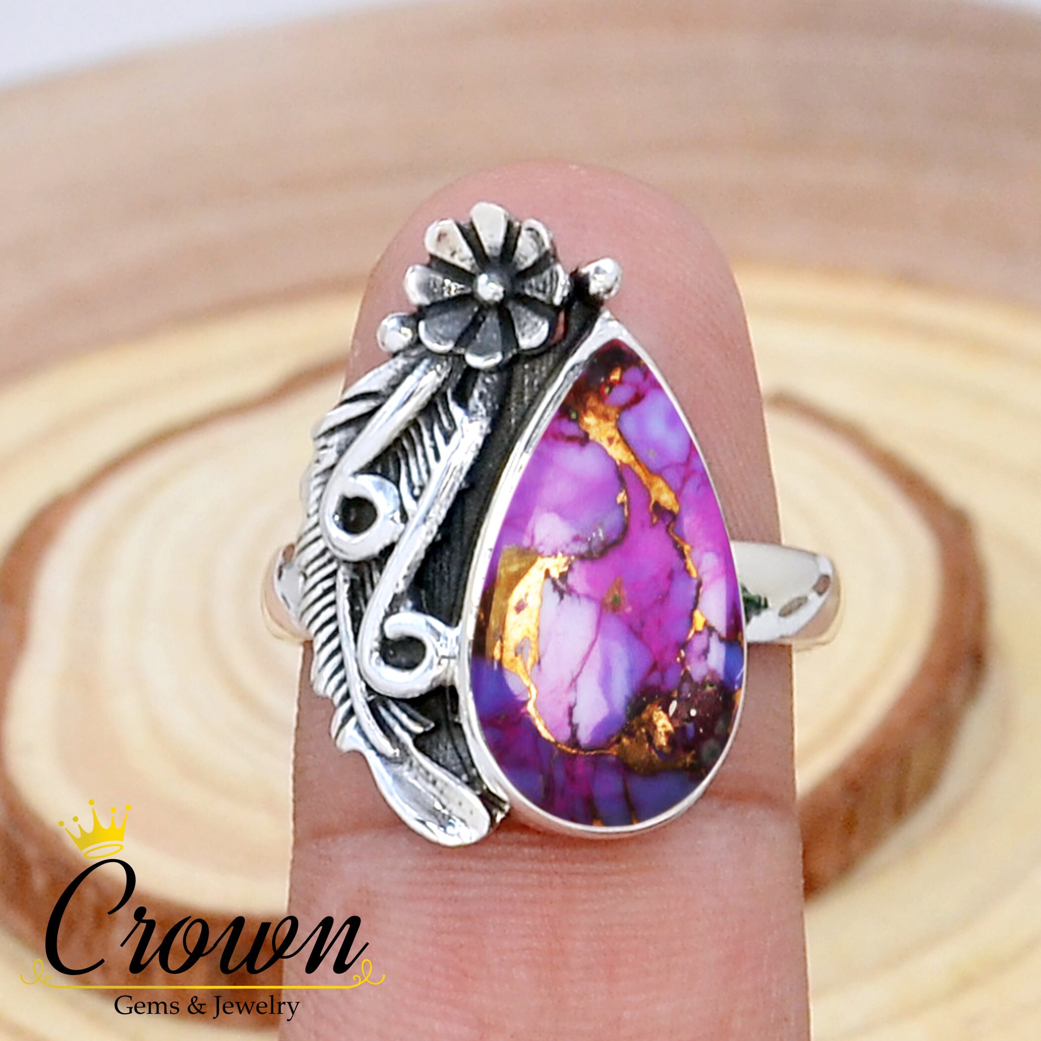 Navajo Purple Copper Turquoise Ring, Sterling Silver Flower Leaf