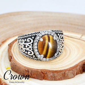 Tiger Eye and CZ Ring, Mens Ring, Turkish Men&#39;s Ring, 925 Sterling Silver Ring, Engagement Ring for Men, Modern Mens Ring, Mens Ring Silver