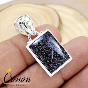 Blue Sandstone 925 Sterling Silver Pendant - Boho Rectangle