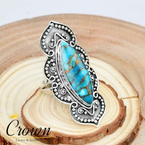 Blue Copper Turquoise Sterling Silver Ring: Filigree Long Finger Ring