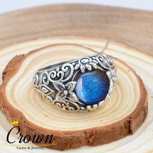 Labradorite Ring, Lotus Cocktail Ring, Flower Ring, 925 Sterling Silver Flower Ring, Floral Band Ring, Silver Wedding Ring, Nature Ring
