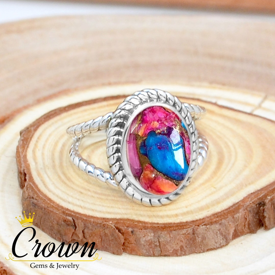 Handmade 925 Sterling Silver Ring With Natural Pink Dahlia Turquoise & Spiny Oyster Gemstone - Cocktail Style
