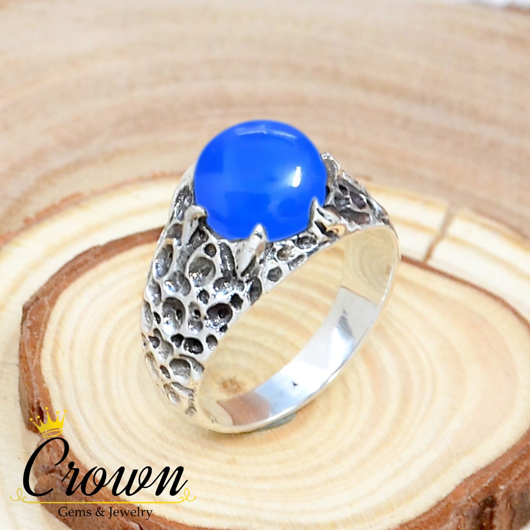 Blue Chalcedony Ring: Textured Sterling Silver Moon Surface Ring
