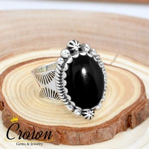 Black Onyx Sterling Silver Ring: Handmade Bohemian Floral Jewelry