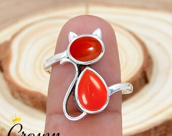 Red Onyx Cat Ring: Bohemian 925 Sterling Silver Animal Ring