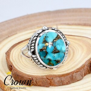 Blue Copper Turquoise Ring: Sterling Silver Leaf Band, Bohemian Jewelry