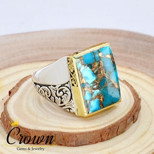 Blue Copper Turquoise Men's Ring, 925 Sterling Silver Ring, Stylish Design Ring, Turkish Men's Ring, Signet Men's Ring, Gift for Him