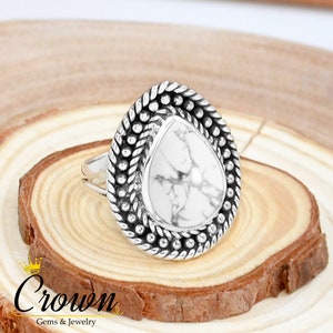 White Howlite Sterling Silver Ring: Handmade Filigree Gemstone Jewelry