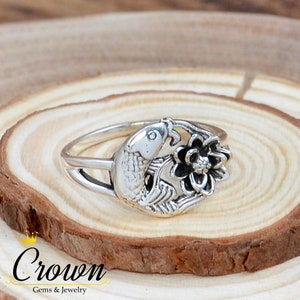 Handmade Sterling Silver Lotus Fish Ring: Bohemian Statement Jewelry