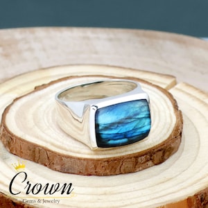 Kissenschliff Labradorit Siegelring: 925 Sterling Silber Herrenring