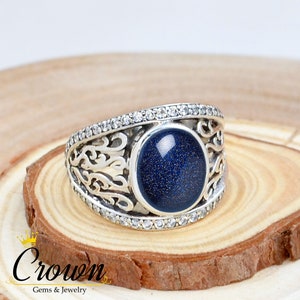 Blue Goldstone and CZ Ring, Mens Ring, Turkish Men&#39;s Ring, Sterling Silver Ring, Engagement Ring for Men, Modern Mens Ring, Mens Ring Silver