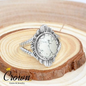 Handmade White Howlite Sterling Silver Ring: Floral Bohemian Jewelry