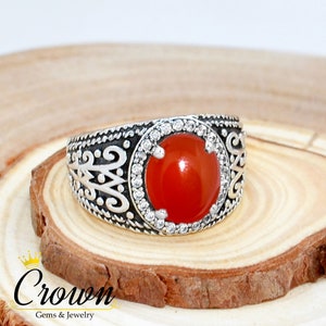 Red Onyx CZ Ring: Sterling Silver Turkish Mens Ring