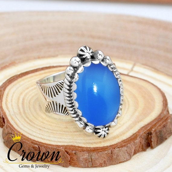 12 CTW BLUE CHALCEDONY CABOCHON RING - STERLING SILVER 925 - VINTAGE-NEW