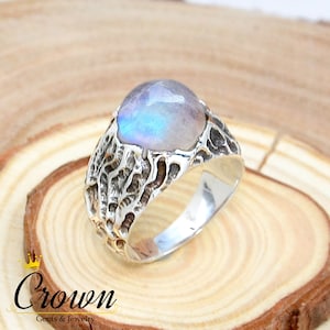 Rainbow Moonstone Ring: Sterling Silver Tree Bark Texture